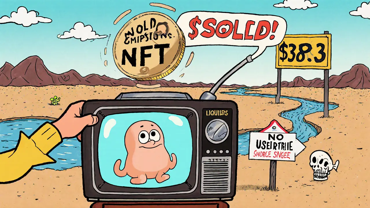 A TV-shaped NFT staking machine with a dry liquidity river and a warning sign reading &#039;Emissions: MAX&#039;.