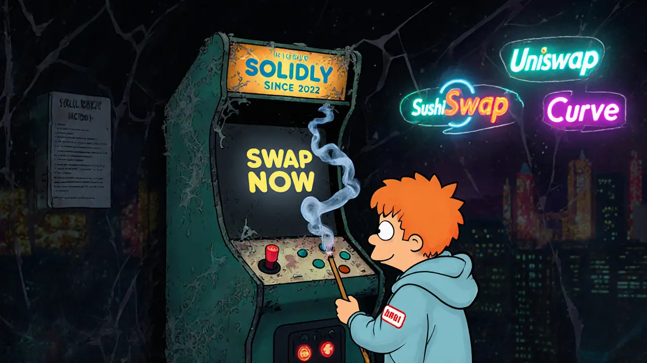 An abandoned Solidly arcade cabinet in a DeFi museum, with a child poking it as smoke forms &#039;<h2>Who Should Use Solidly?</h2>.10/week&#039;.