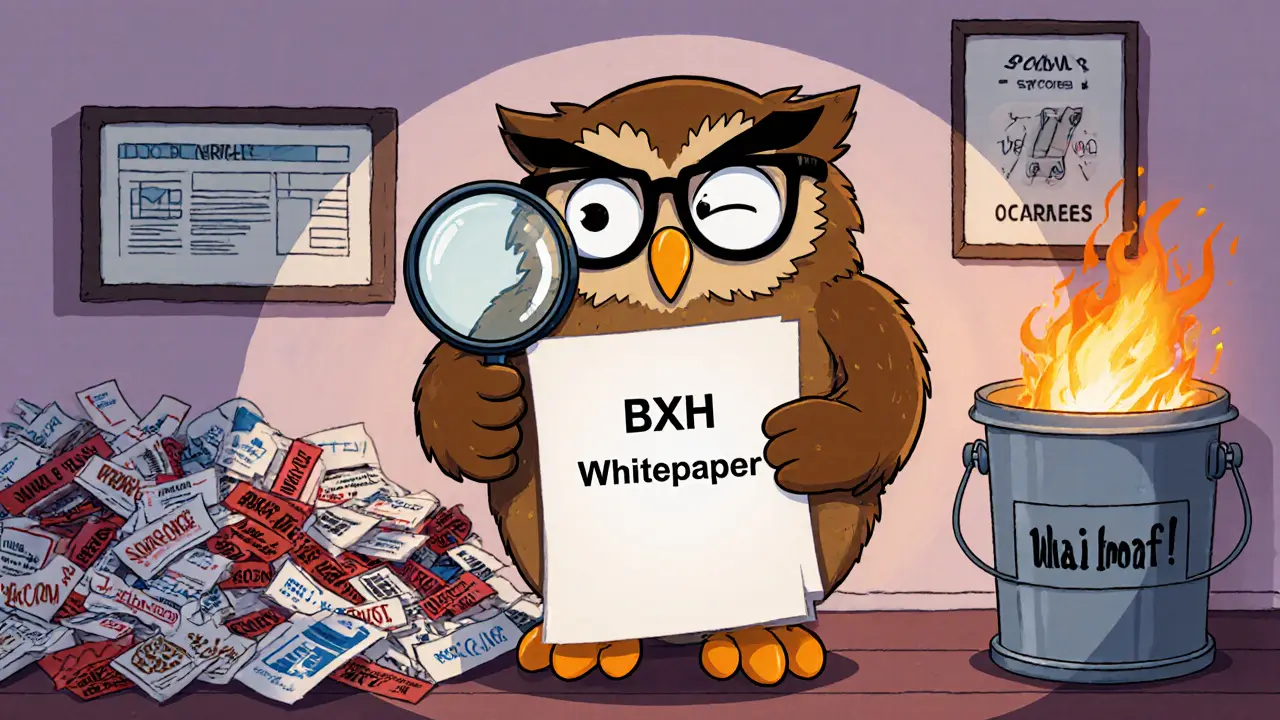 An owl examining a blank whitepaper while fake airdrop scams burn in a trash can.