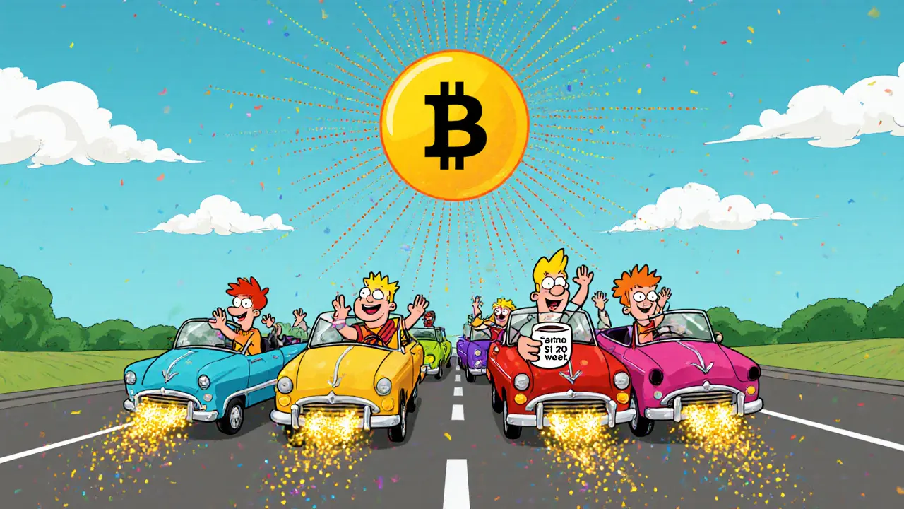Cartoon cars drive on a highway, emitting $SOAR tokens while a Solana blockchain shines above them.