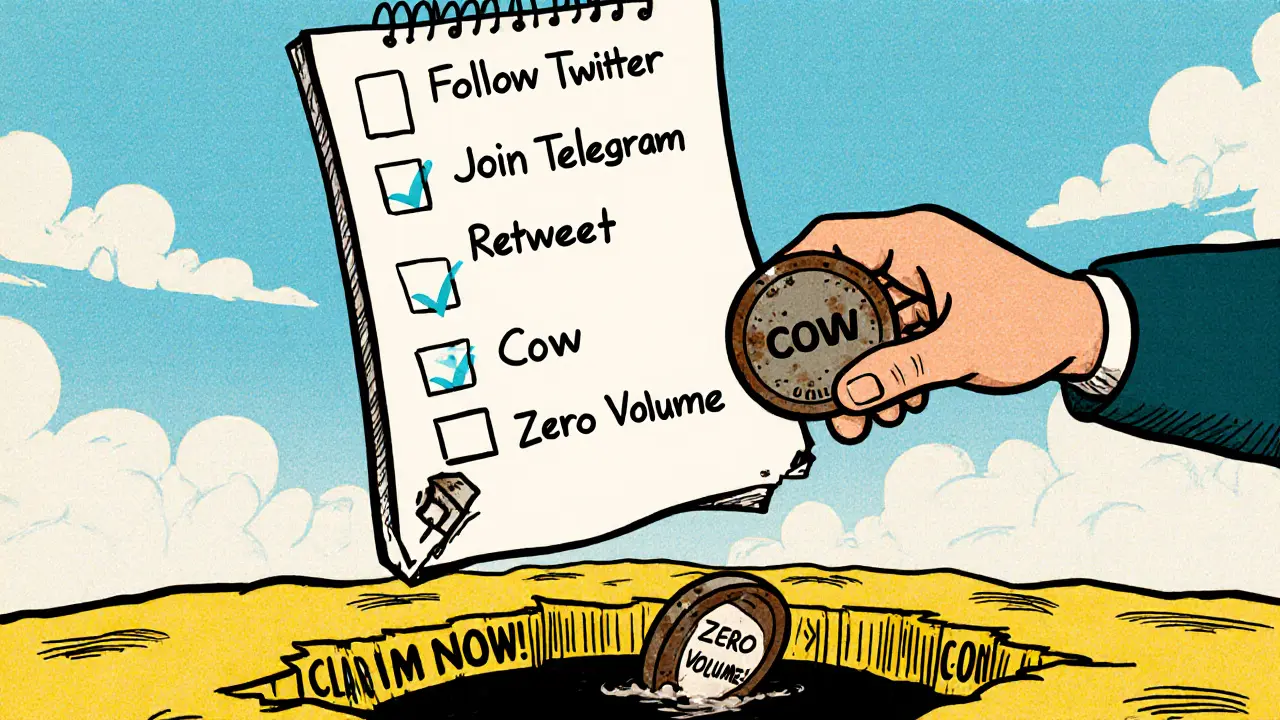 Checklist of airdrop tasks with a sinking COW token disappearing into a zero volume pit.