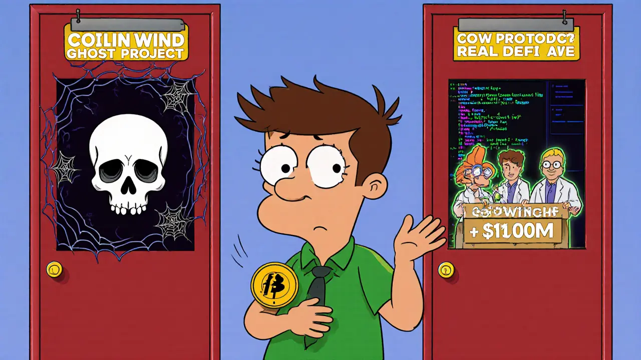 Confused investor choosing between a ghost project and a thriving DeFi protocol with glowing code.
