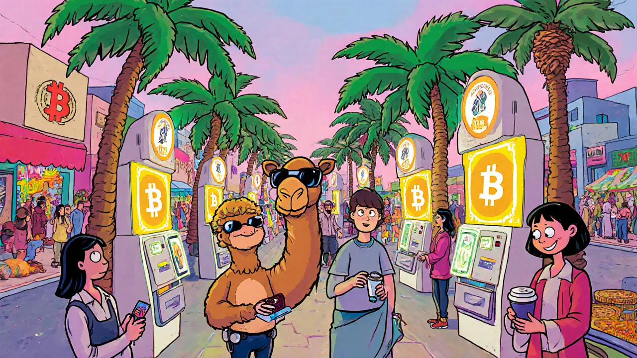 Dubai street market with merchants accepting crypto via palm-tree terminals, customers including a camel and robot.