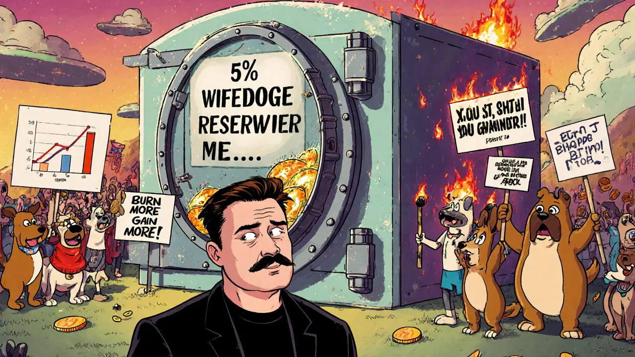 Elon Musk stares at a locked vault of reserved WIFEDOGE tokens while dogs cheer behind him