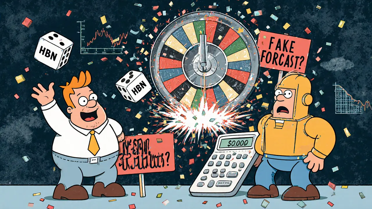 Investors throwing dice at a roulette wheel labeled with impossible HBN price gains and exploding forecasts.