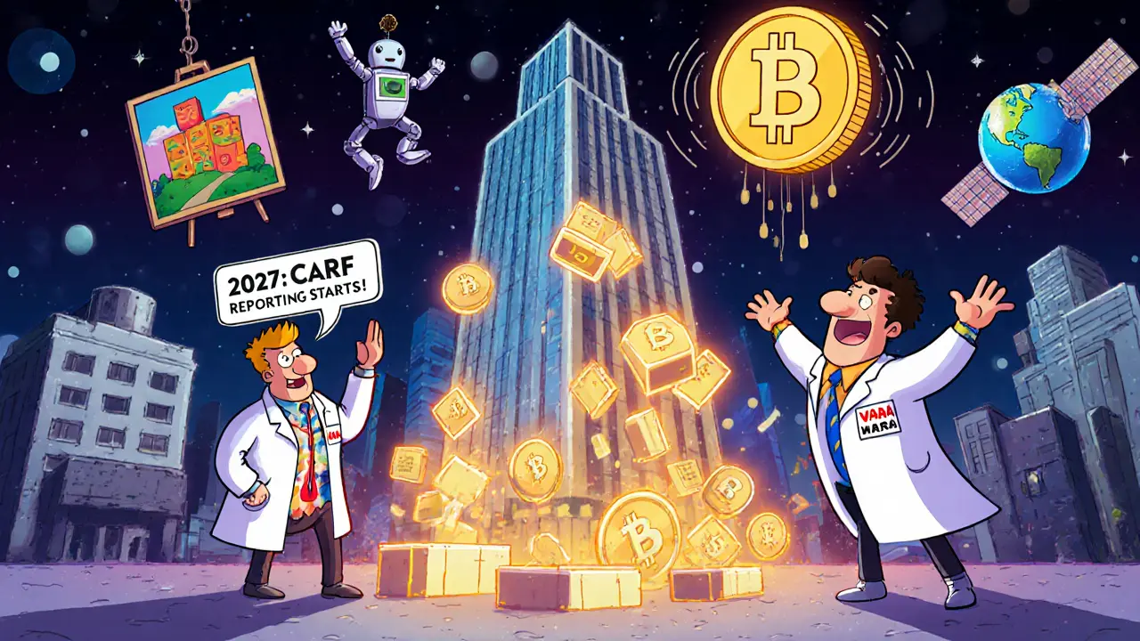 Scientists tokenizing a skyscraper into blockchain blocks, with NFTs, DeFi robots, and a smiling digital dirham.