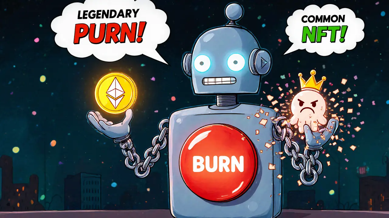 Wallet robot losing NFT as it sells token, with exploding confetti effect.