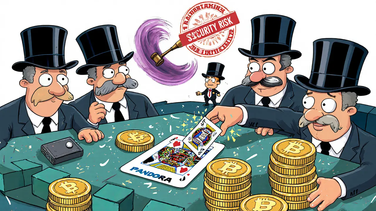 Whales trading PANDORA tokens at a blockchain poker table with SEC gavel above.