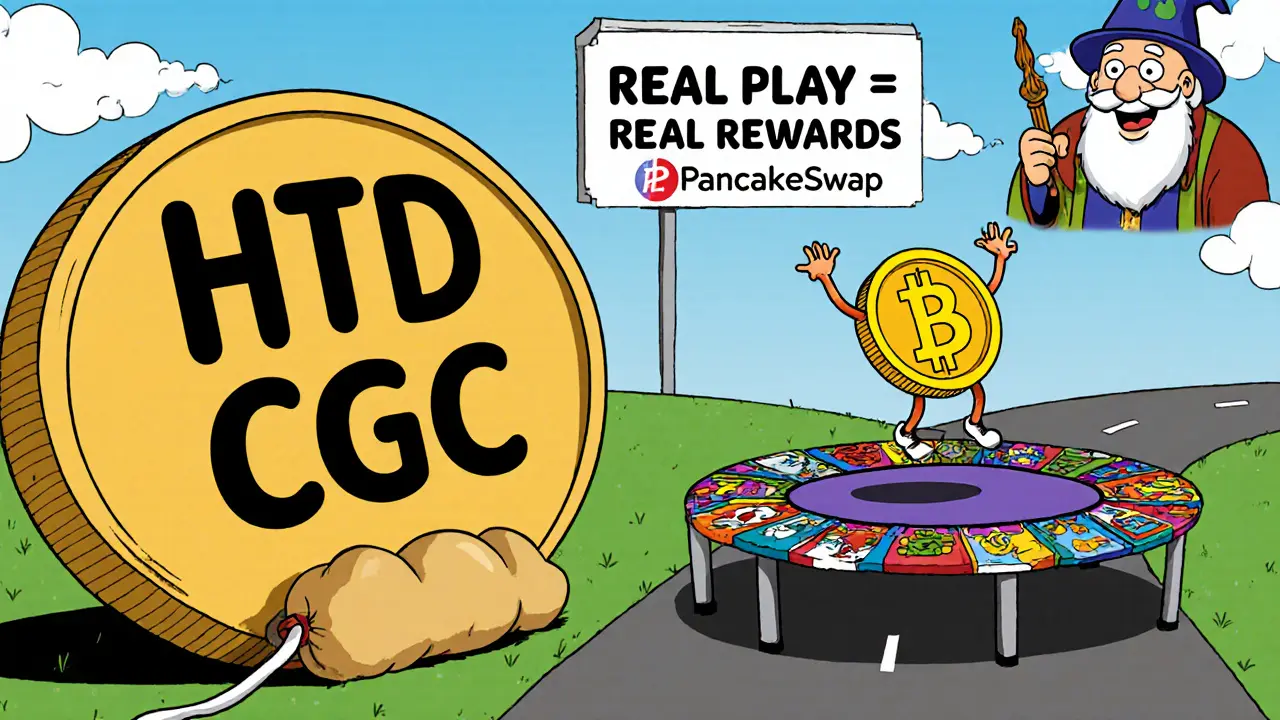 A deflated HTD token next to a bouncing CGC token on a game-icon trampoline, with a PancakeSwap wizard in the sky.
