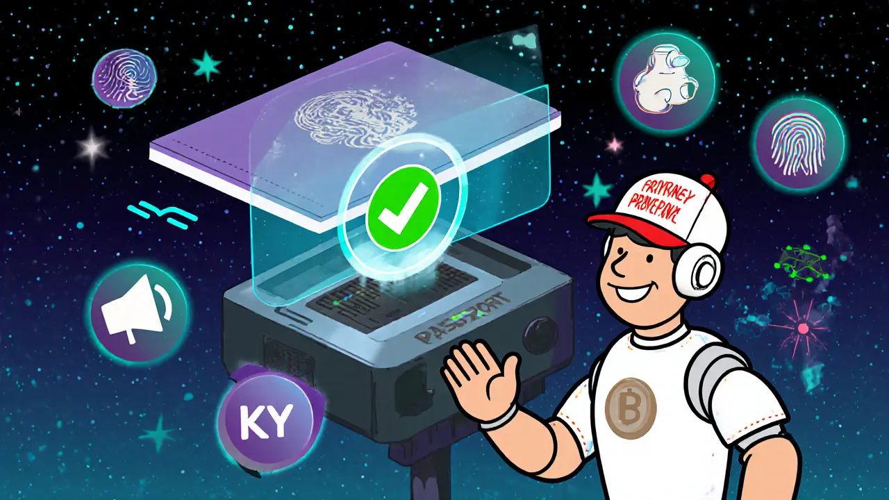 A digital passport projecting a privacy-preserving hologram as a user high-fives a robot in a futuristic cartoon scene.