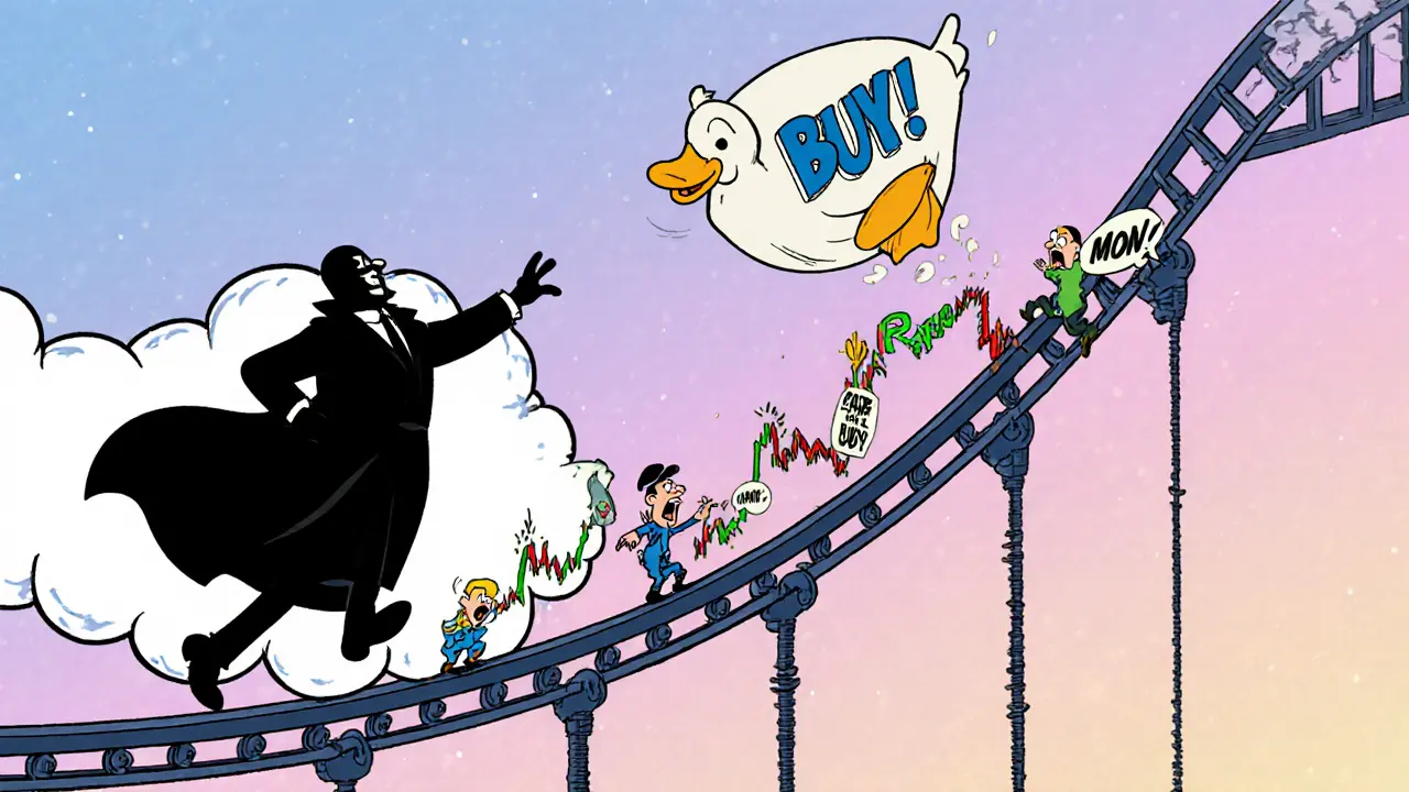 A faceless creator vanishes, leaving behind a duck logo and fake crypto hype messages in classic cartoon style.