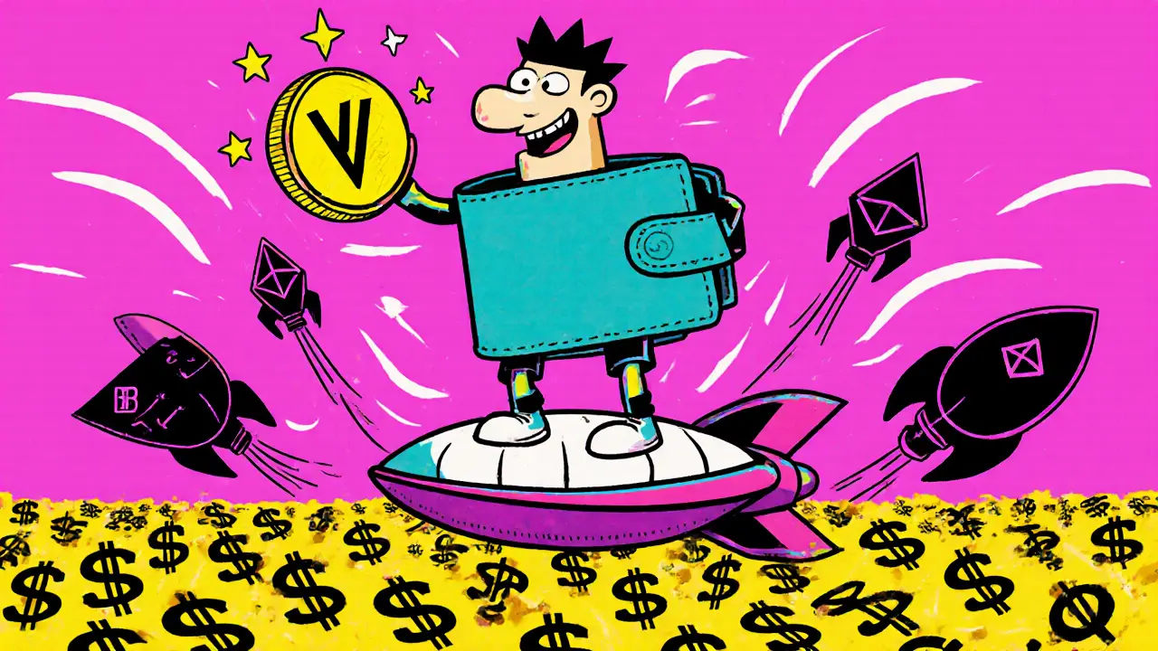 A friendly wallet character holds a VOLT token on a Meter blockchain rocket, escaping chasing bots.