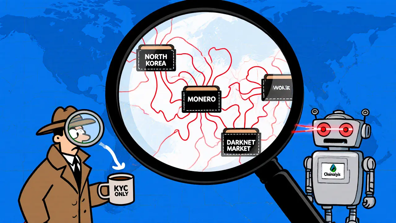 A giant magnifying glass reveals hidden links between crypto wallets linked to crime on a blockchain map.