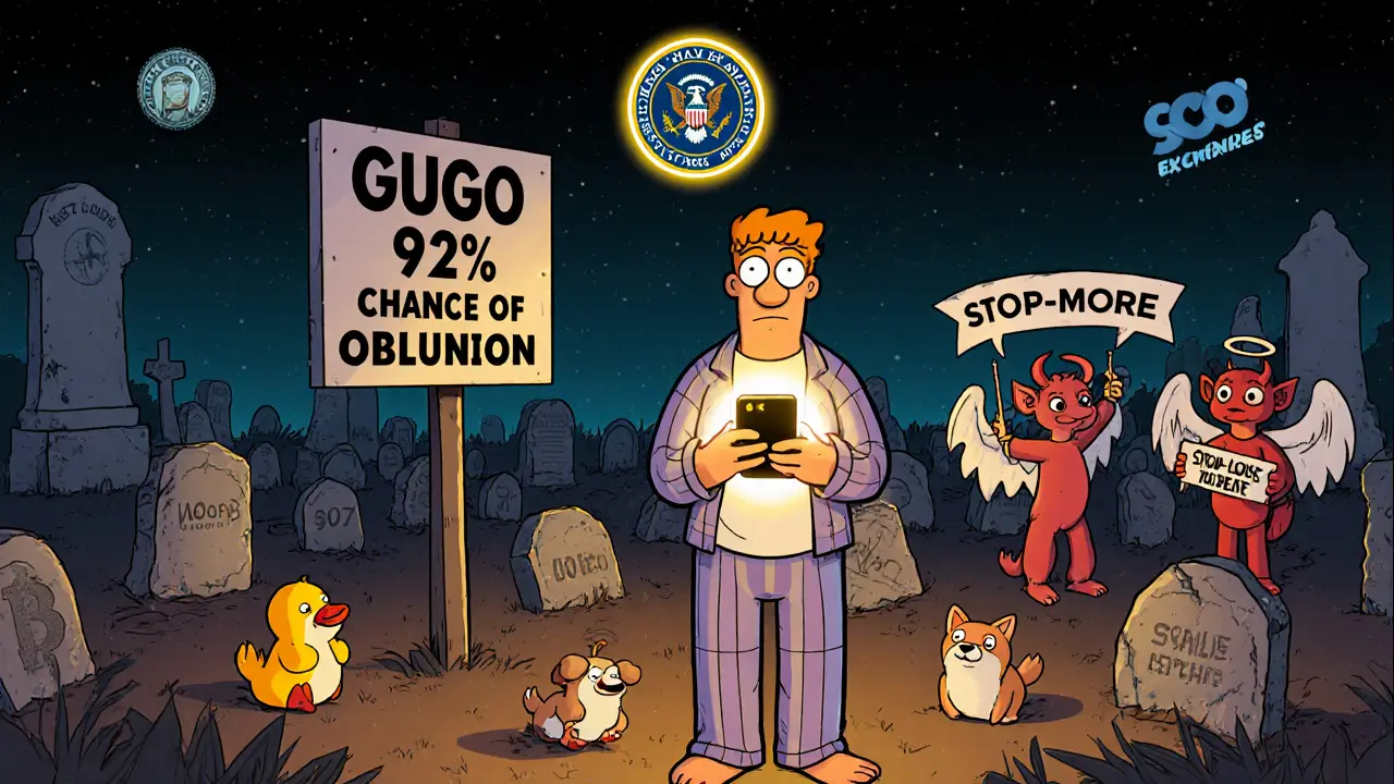 A graveyard of dead crypto tokens with a tired investor under a warning sign in Hanna-Barbera animation style.