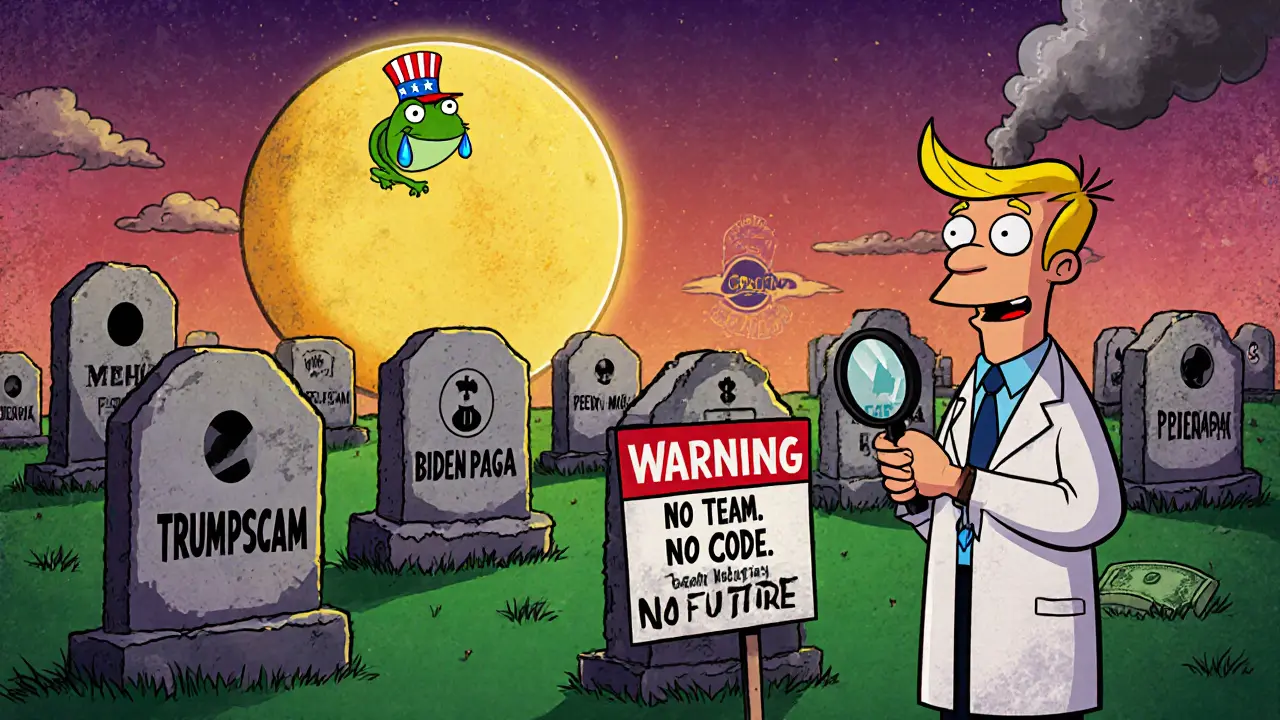 A graveyard of political meme coins under a crying frog moon, with a warning sign.