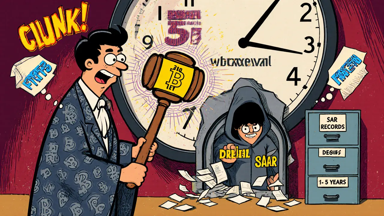 A judge in a blockchain robe bangs a Bitcoin gavel as a DeFi defendant tries to escape through a smart contract.