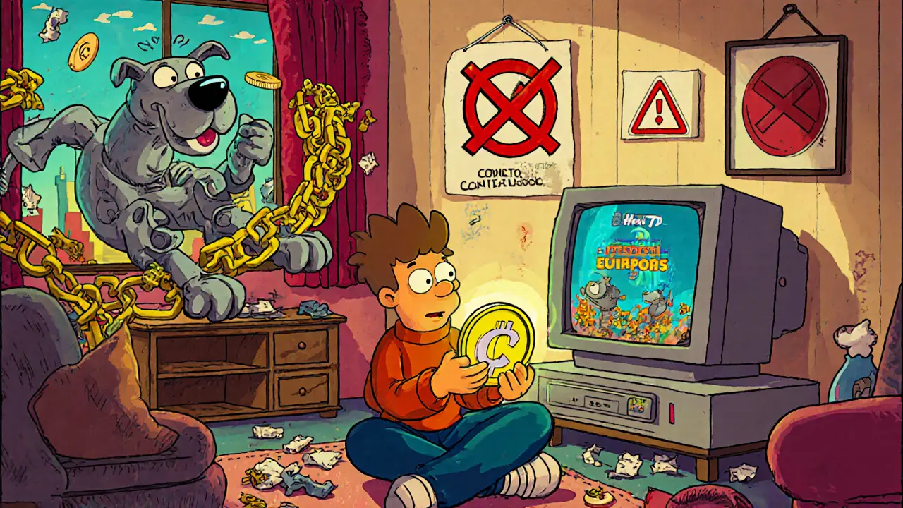 A player in a 70s-style room watching HeroesTD on a CRT monitor while a blockchain dog watches a glowing CGC token.