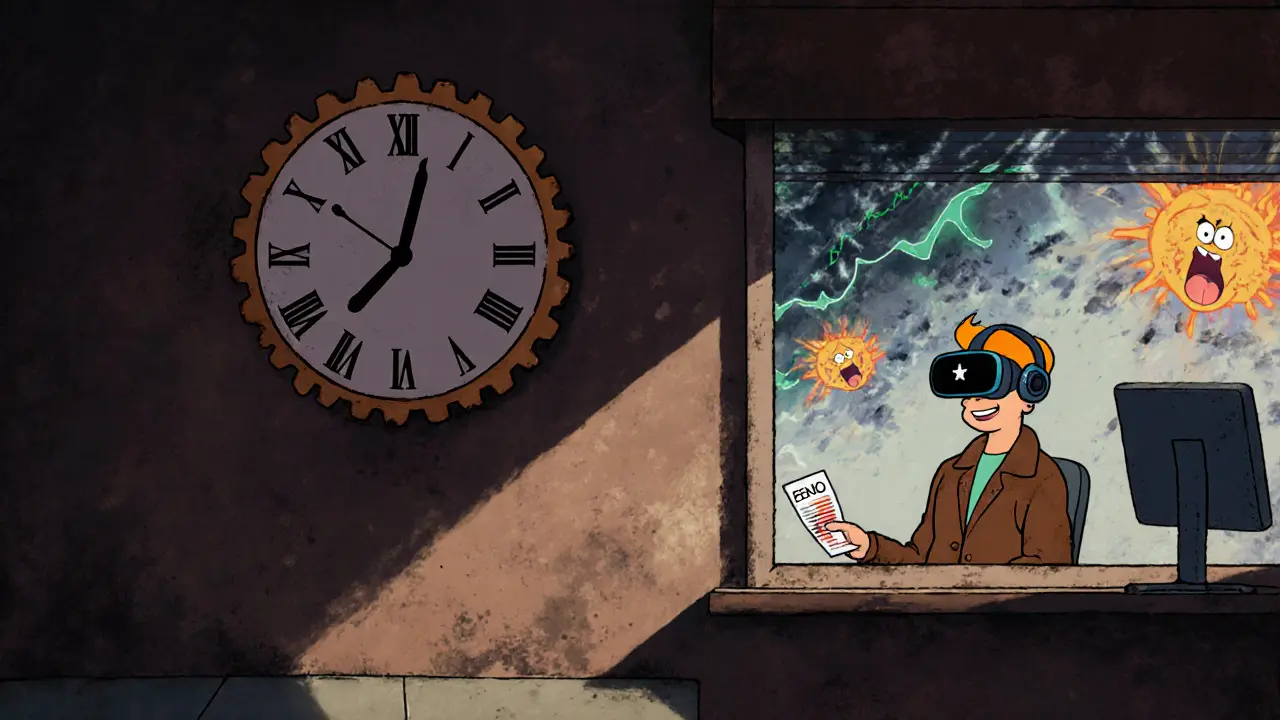 A quiet VR lounge with a ticking SENSO clock, a user buying virtual clothes as crypto chaos fades outside.