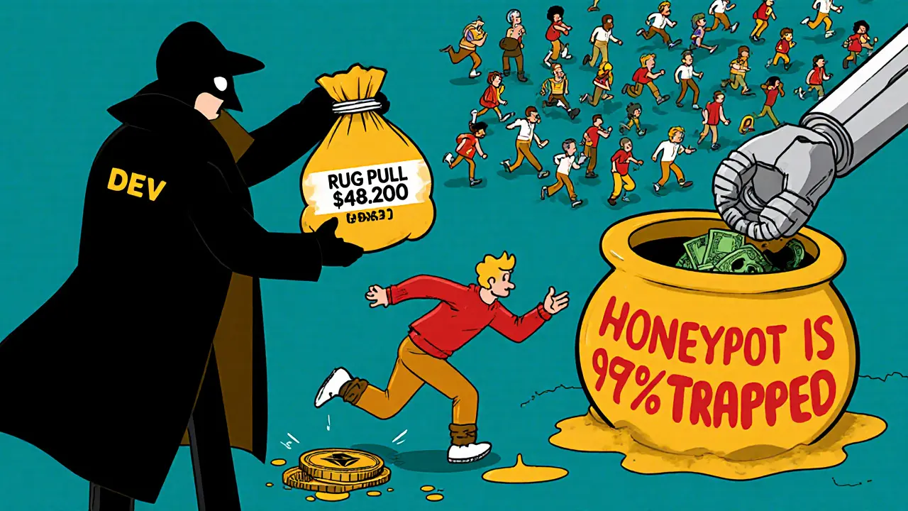 A shadowy figure dumping cash as people get stuck in a honey pot labeled &#039;honeypot scam&#039;.