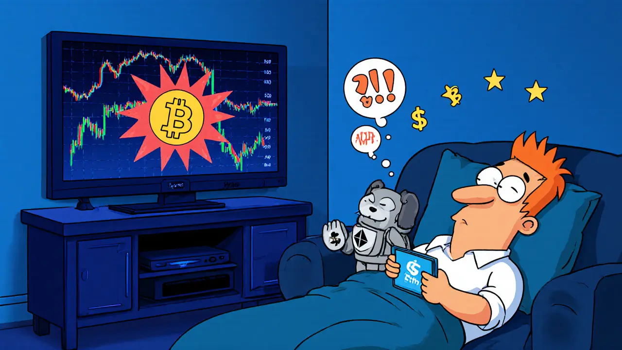 A sleeping HODLer on a couch while a robot stakes crypto on a glowing tablet beside him.
