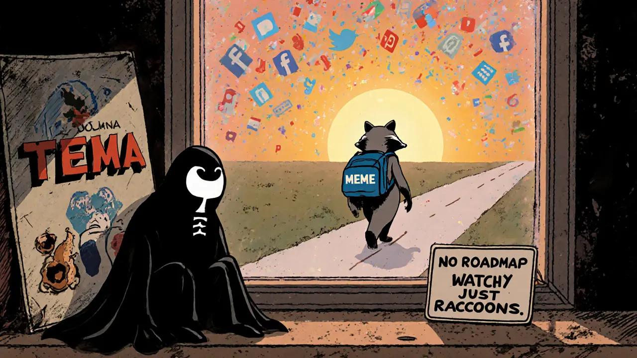 A Solana wallet on a shelf beside a fading TEMA poster, as a raccoon walks away into the sunset.