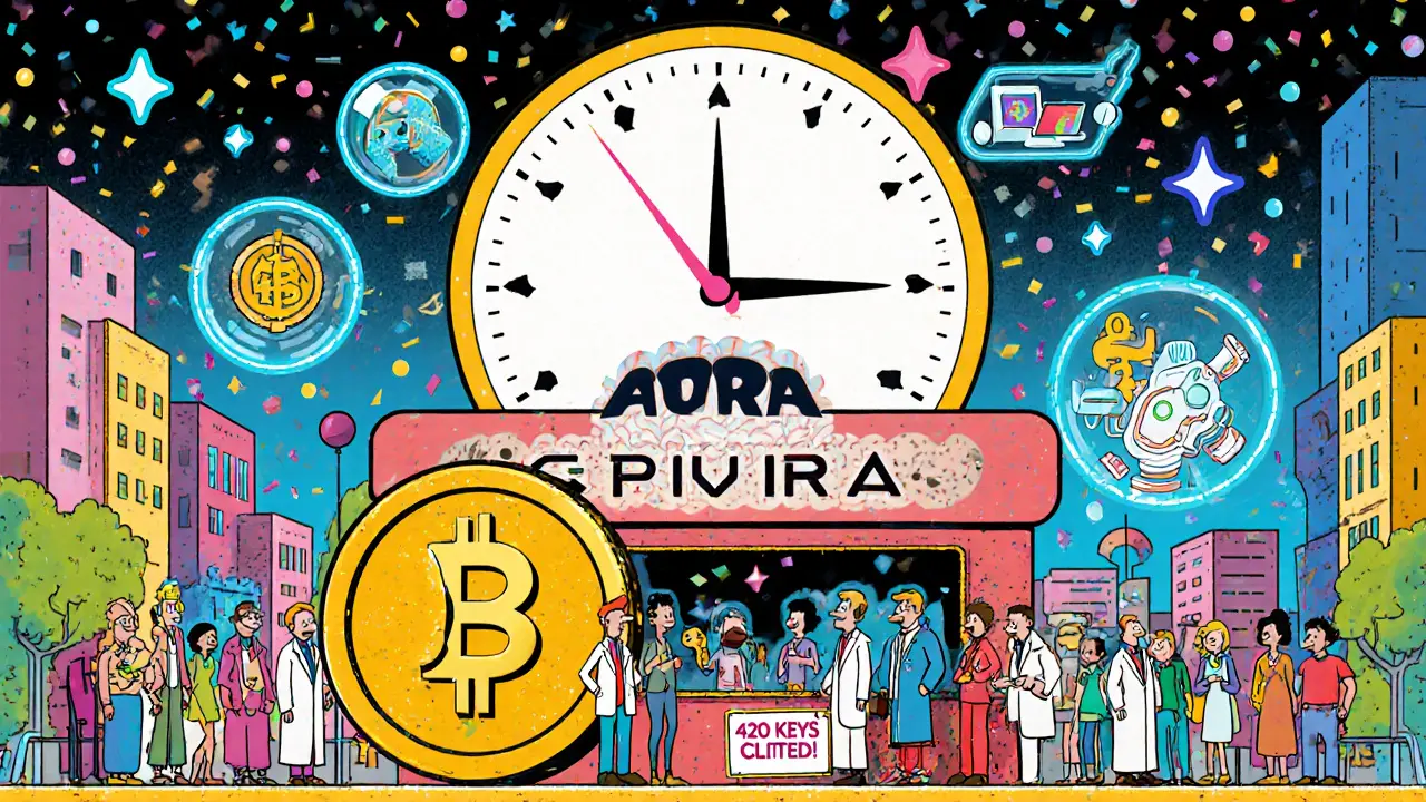 A Web3 town thrives as people trade AURA NFT keys near a giant ADX token booth.