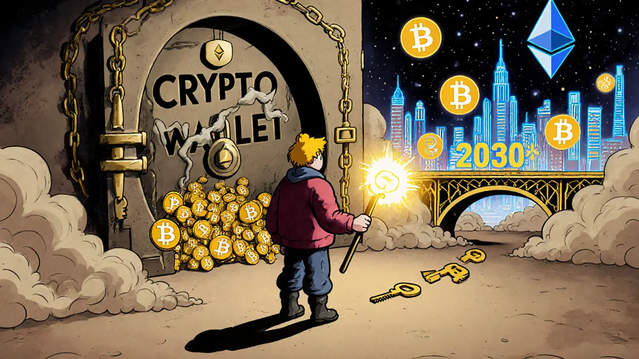 An adventurer holds a private key wand before a vault of lost Bitcoin keys, leading to a golden future city.