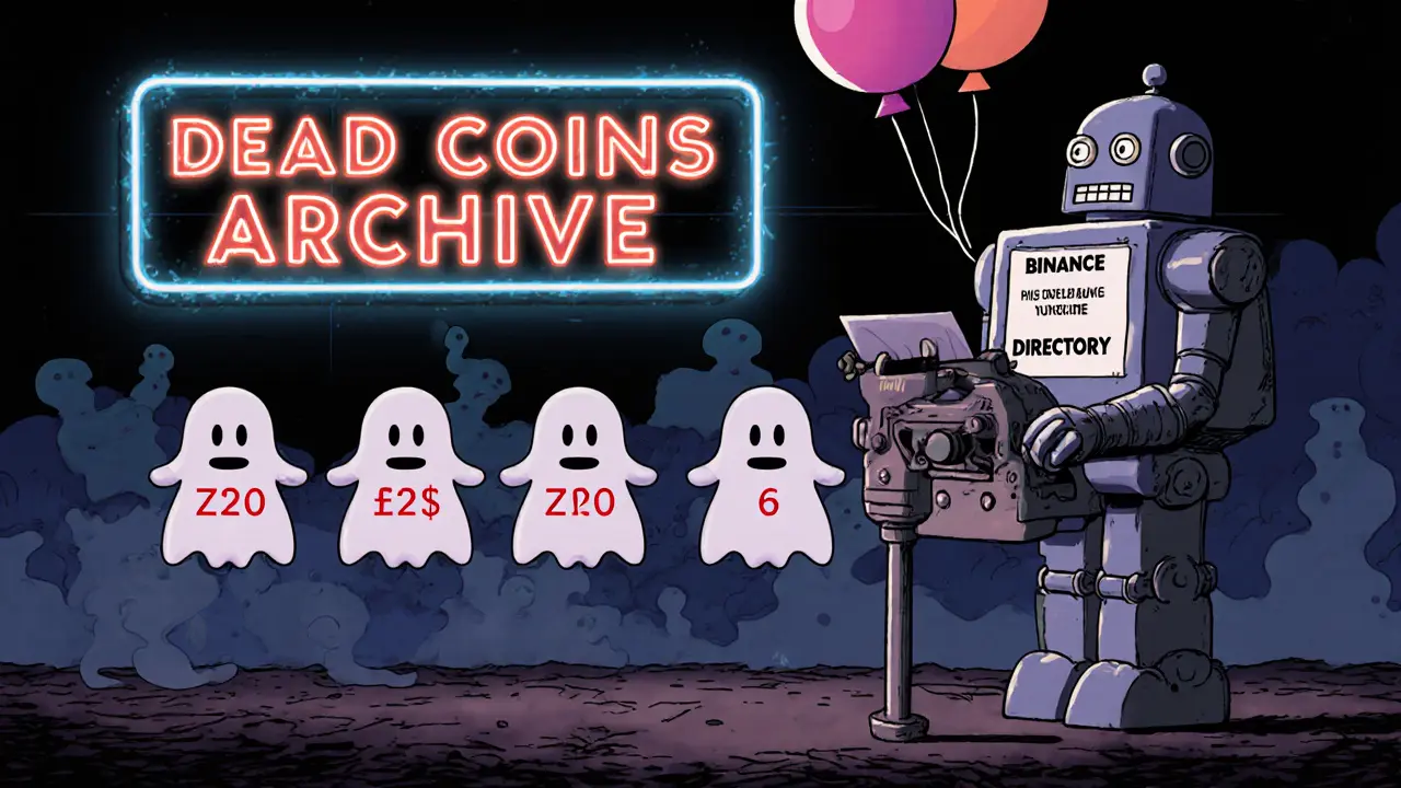 An old robot types fake trading data as ghost tokens dissolve into smoke, in vintage cartoon style.