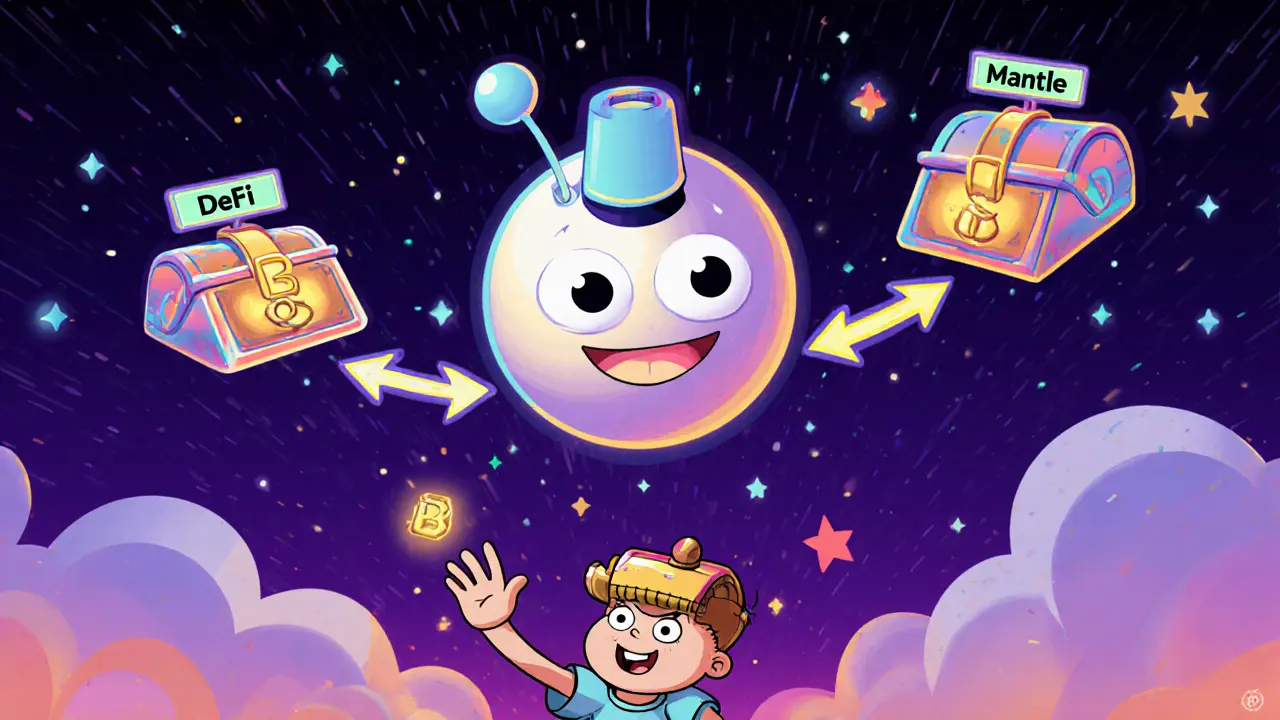 AURA, a friendly AI orb, scans wallets and reveals hidden airdrop treasures in cartoon style.