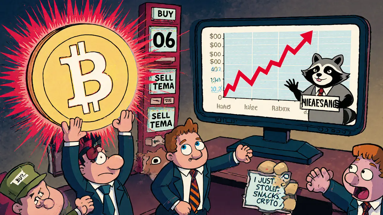 Cartoon traders panicking as a TEMA coin graph crashes dramatically in a 1960s-style trading floor.