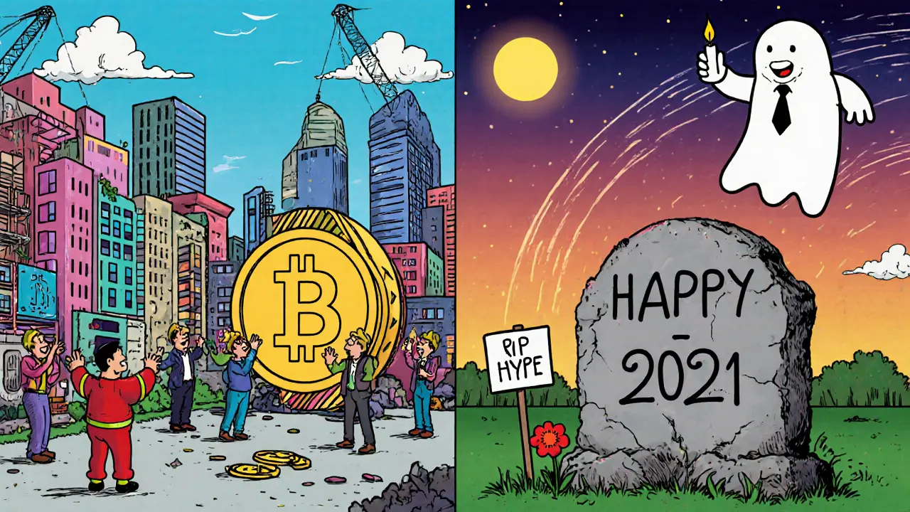 Contrast scene: active 2025 crypto hub vs. a crumbling HAPPY token tombstone with a ghost.