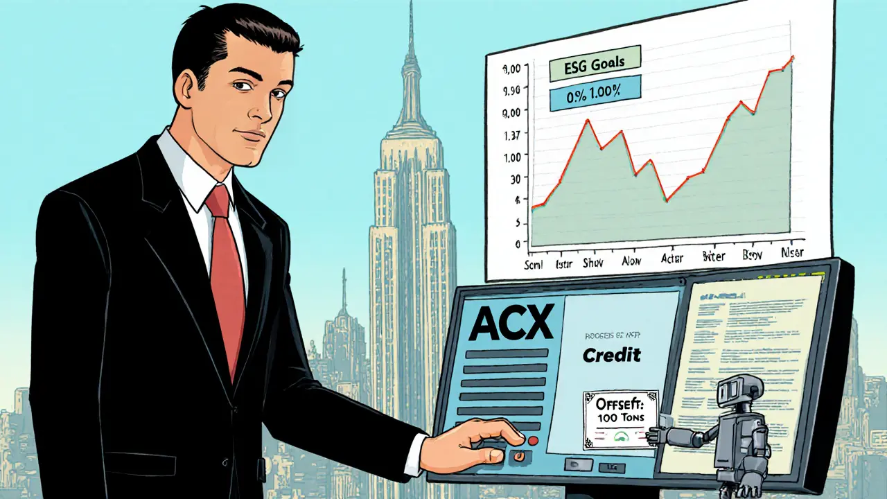 Corporate executive using a carbon trading terminal with a rising ESG graph and robot delivering an offset certificate.