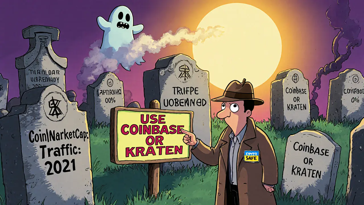 Crypto exchange graveyard with a detective pointing to safe alternatives, in retro cartoon style.