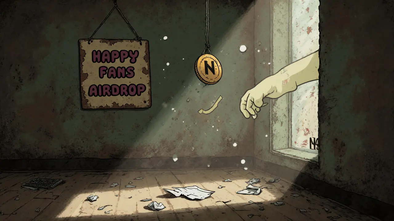 Faded NFT on a dusty wall with a ghostly hand reaching for a floating HAPPY token.