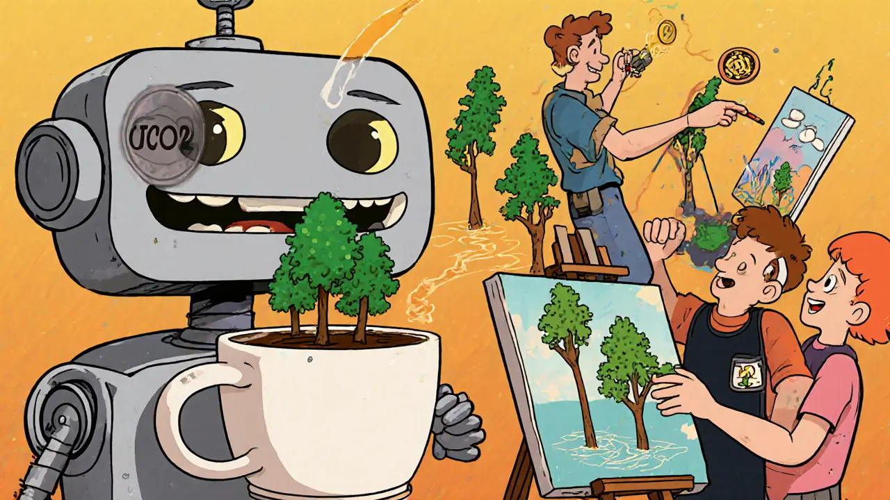 Friendly robot wallet buys a carbon token after drinking coffee, making a forest grow from its cup.