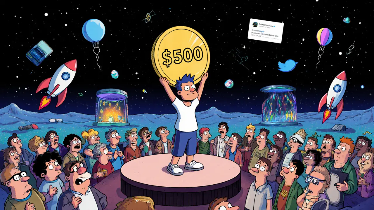 One winner holds a giant SENSO token while confused investors watch with empty wallets and broken rockets.
