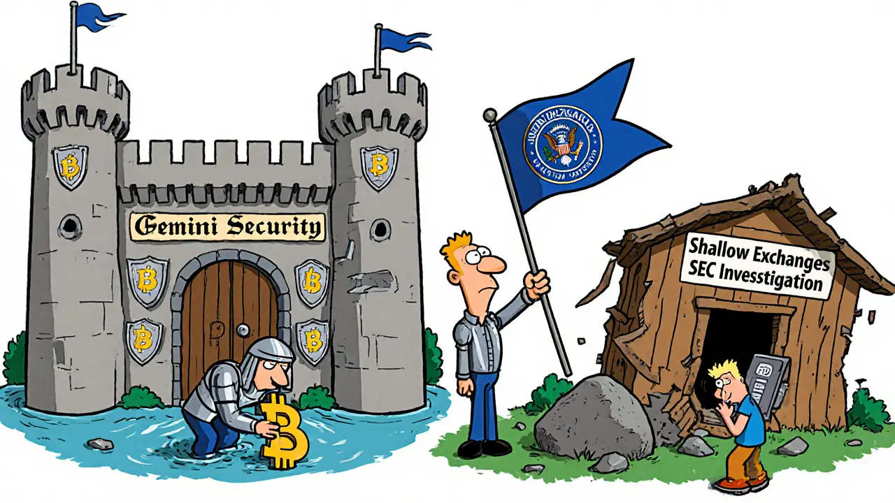 Security fortress guarded by insurance shields versus collapsing shallow exchange shack