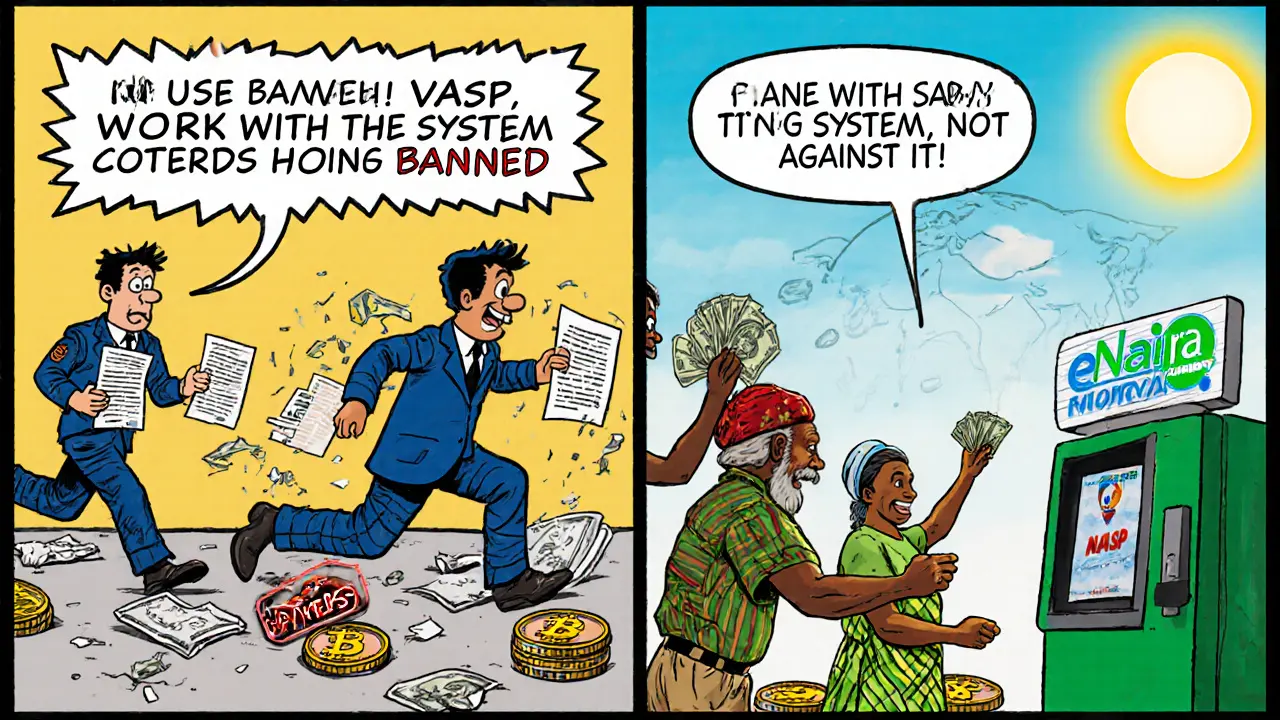 Split scene: one business owner chased by SEC, another using licensed VASP to receive Naira from global customers.