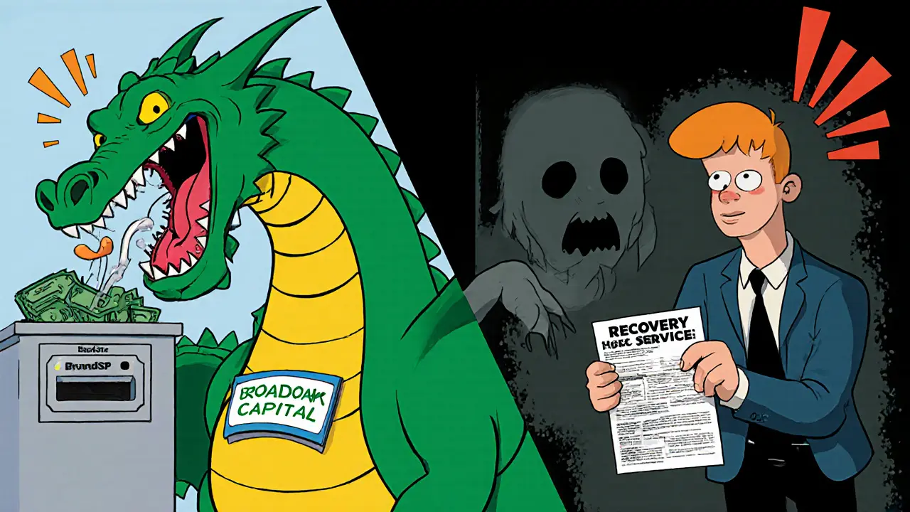 Split scene: user depositing cash into a dragon exchange, then被骗 by a recovery scam flyer.