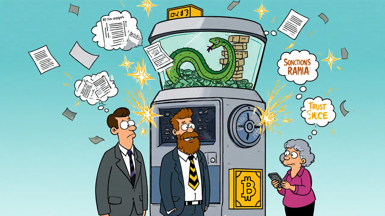 Three characters interacting with a three-layer KYC machine that verifies identity, checks sanctions, and tracks blockchain transactions.