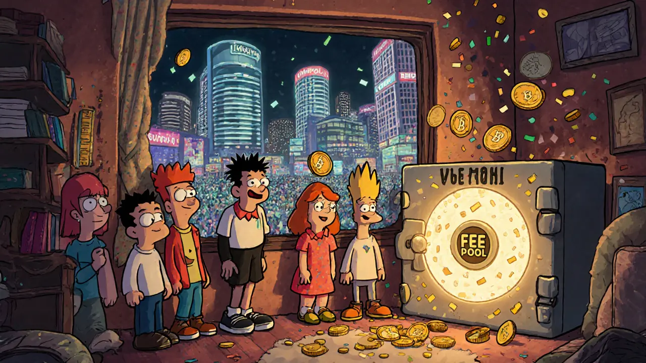 Users celebrate as VOLT staking rewards rain down from a glowing fee pool vault in a cozy DeFi den.