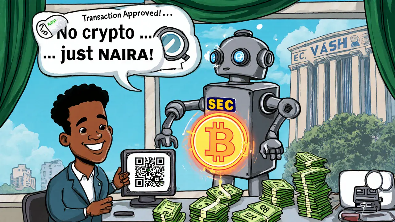 VASP robot converts Bitcoin to Naira bills, depositing them into a bank account with approval screen.