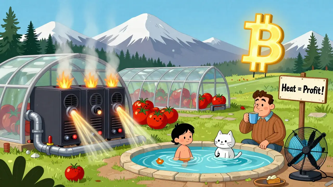 A Canadian mining farm recycling heat into a greenhouse and warm pool, with a smiling miner and robot cat.