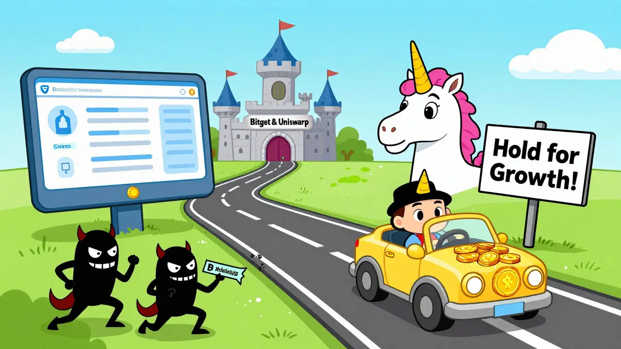 A cartoon user drives a token car toward a DeFi castle while scam demons try to distract them on the road.