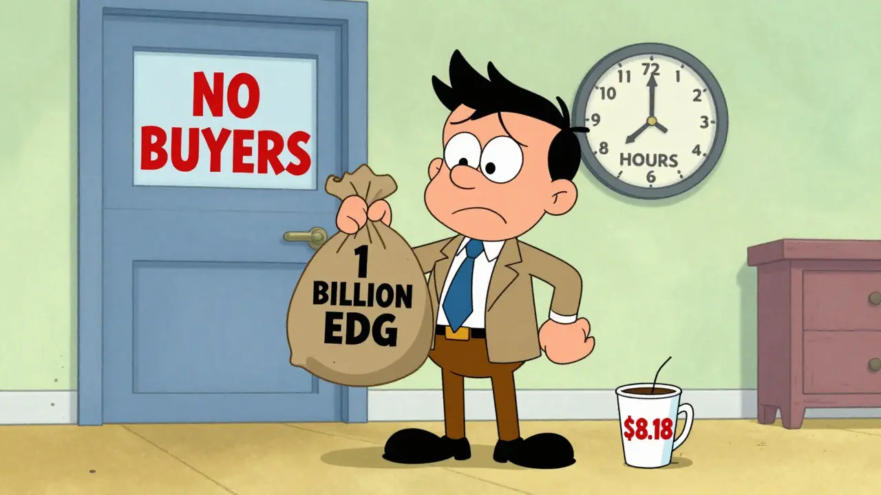 A confused investor holding a sack of EDOG tokens in front of a closed exchange with a coffee cup on the floor.