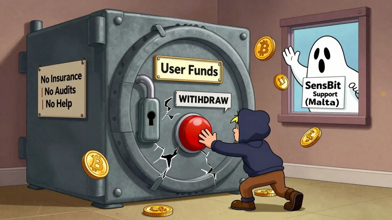 A cracked vault leaking crypto coins with a stuck withdrawal button and ghostly imposter sign