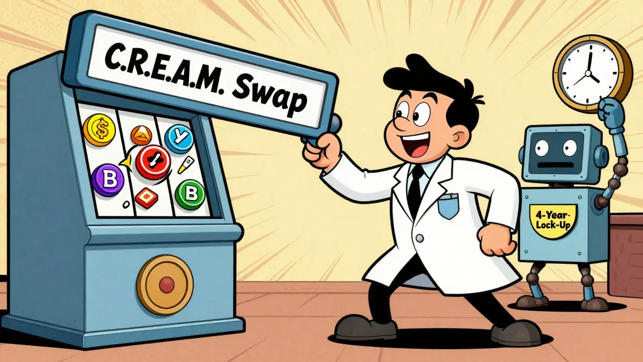 A DeFi trader using a giant lever to trade obscure tokens between spinning blockchain slot machines.