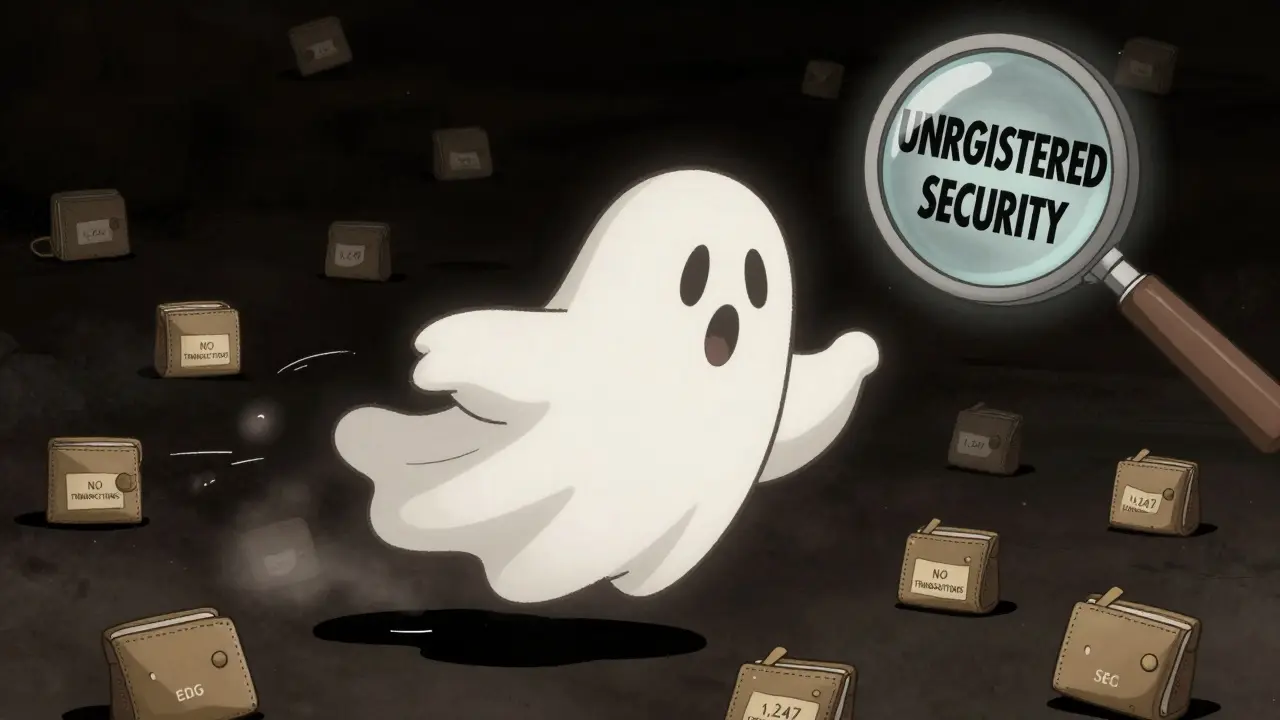 A fading EDOG ghost token surrounded by sleeping wallets under a looming SEC magnifying glass.