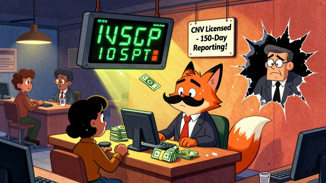 A fox-run VASP booth in a street market where people trade pesos for crypto using cartoon cash and a glowing ledger.