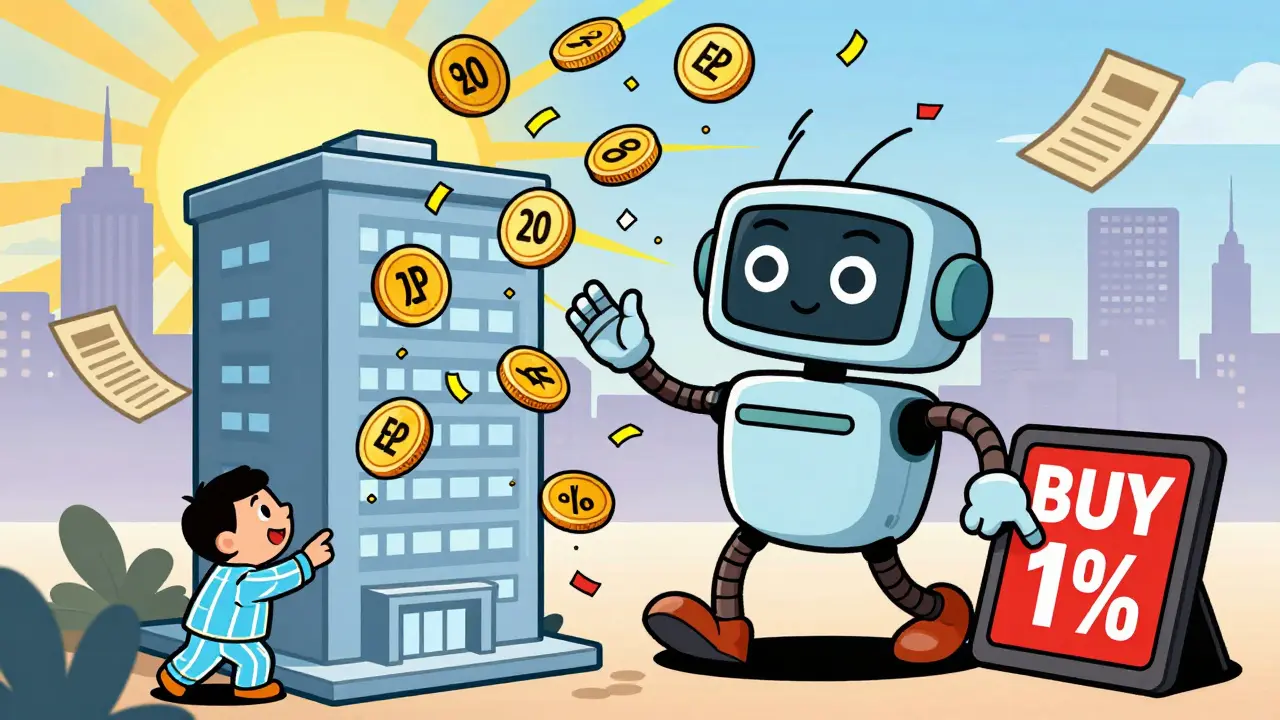 A friendly robot smart contract managing floating property tokens above a luxury condo with an investor pressing a buy button.
